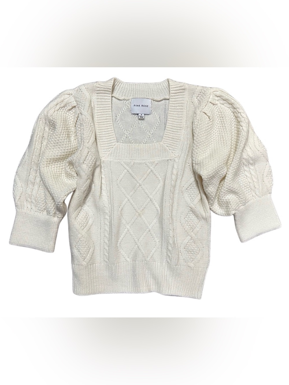 Ivory Cable Knit Puff Sleeve Square Neck Sweater Size S Cottagecore Feminine